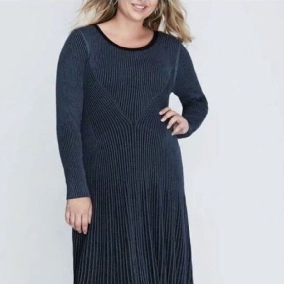 Lane Bryant Stretch Ribbed Knit Long Sleeves Sweater Dress Size 26/28 Blue Black - Picture 1 of 8